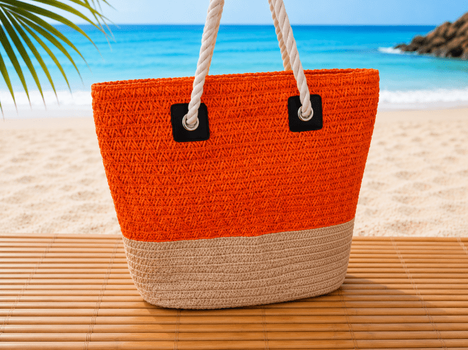 Grand Cabas de Plage Bicolore Orange & Beige à Anses Corde