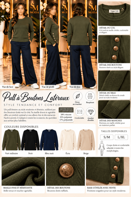 Pull femme chic vert militaire à boutons dorés